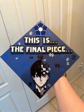 Graduation Cap Topper blue block anime "This Is... The Final Piece"
